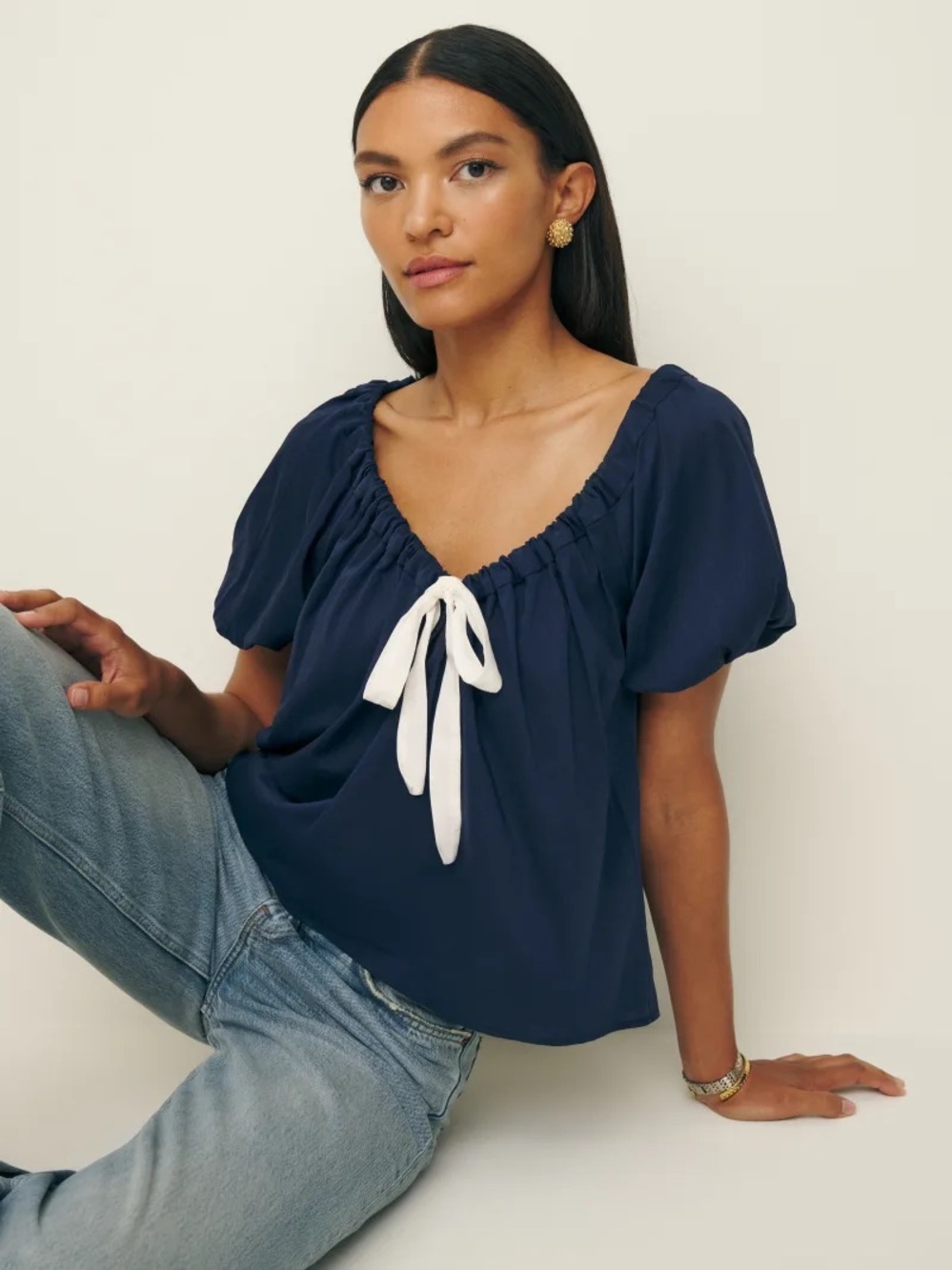 Navy Short-Sleeve Tie-Front Peasant Top